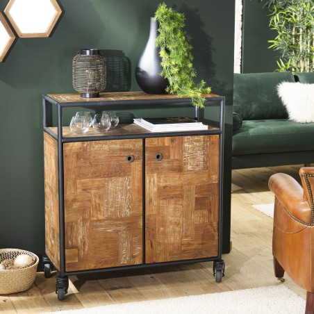 SIXTINE Brown Sideboard on Castors - Recycled Teak and Black Metal