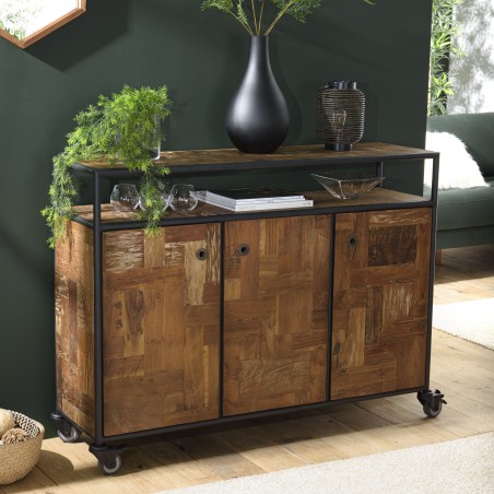 SIXTINE Brown Sideboard on Castors - Recycled Teak & Black Metal