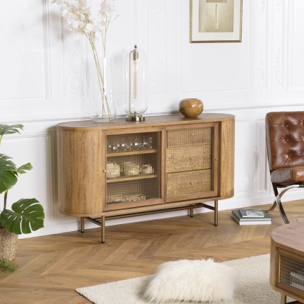 YSEULT Natural Wood Buffet with Glass Sliding Doors and 3 Drawers