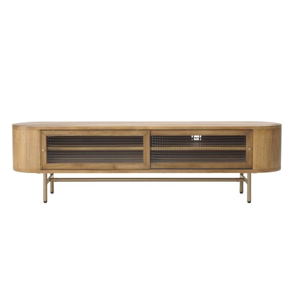 YSEULT Rounded Natural Wood TV Stand - 2 Sliding Glass Doors