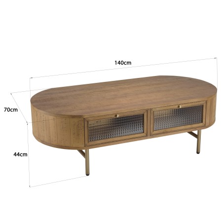 Table basse ovale YSEULT bois Peuplier 4 tiroirs vitrés