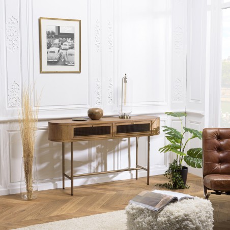 YSEULT - Natural Wood Rounded Console with 2 Glass Drawers