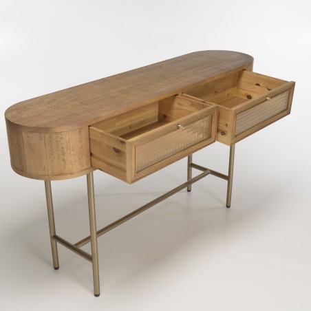 YSEULT - Natural Wood Rounded Console with 2 Glass Drawers