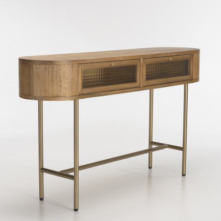 YSEULT - Natural Wood Rounded Console with 2 Glass Drawers