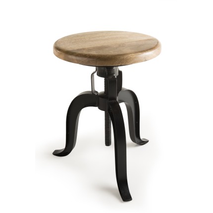 ROMAIN - Industrial Stool Wooden Seat Adjustable Height Black Metal