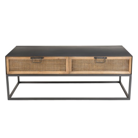 DORIA Rectangular Black Metal Coffee Table with 2 Natural Cane Drawers