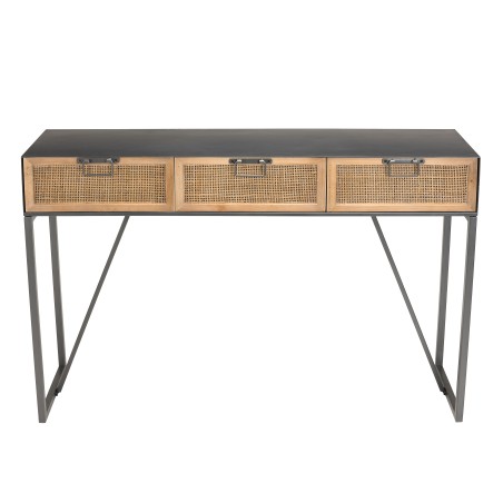 DORIA Black Metal Console Table with 3 Drawers and Natural Cane Finish