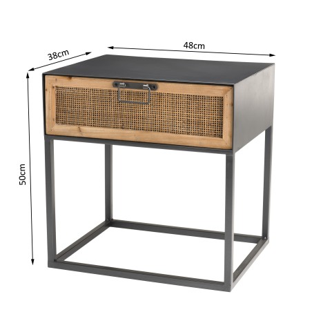 DORIA - Black Metal Bedside Table with Natural Cane Drawer