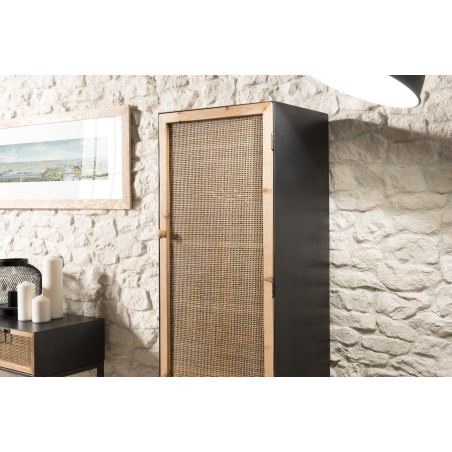 Armoire DORIA - Métal Noir 1 Porte 2 Étagères - Cannage Naturel