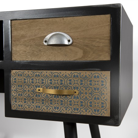 Bureau LEON noir 4 tiroirs marrons motifs Pin
