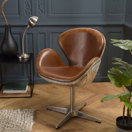 OCTAVE - NEVADA Vintage Brown Leather Armchair with Aluminum Legs