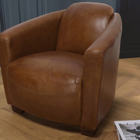 OCTAVE CHICAGO Vintage Brown Leather Armchair - Wooden Legs