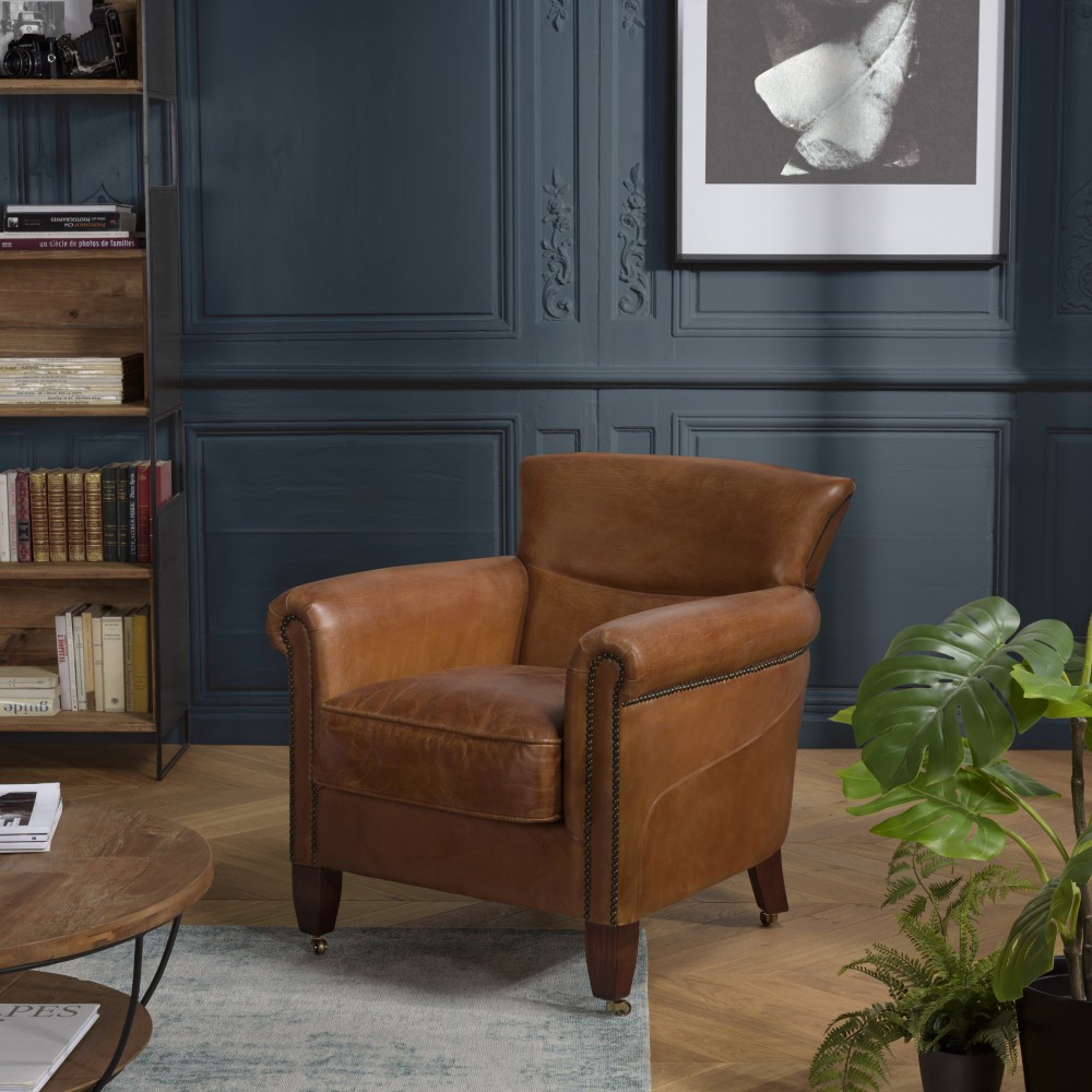 Fauteuil VERONE en cuir marron vintage - OCTAVE Fauteuil VERONE en cuir marron vintage - OCTAVE