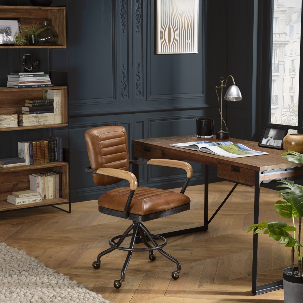 Fauteuil de bureau vintage OCTAVE en cuir marron et métal noir Fauteuil de bureau vintage OCTAVE en cuir marron et métal noir