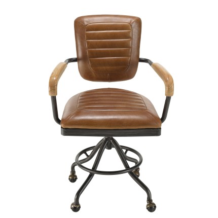 OCTAVE Vintage Brown Desk Armchair - Black Metal Legs & Wooden Armrests