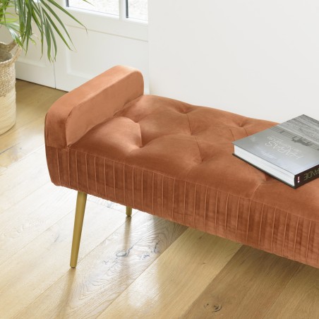 Banc de lit en velours AGATHE - Orange et métal doré