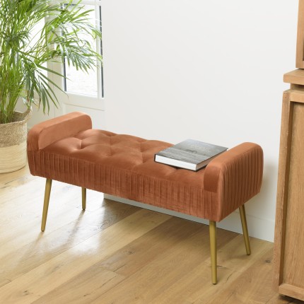 Banc de lit en velours AGATHE - Orange et métal doré