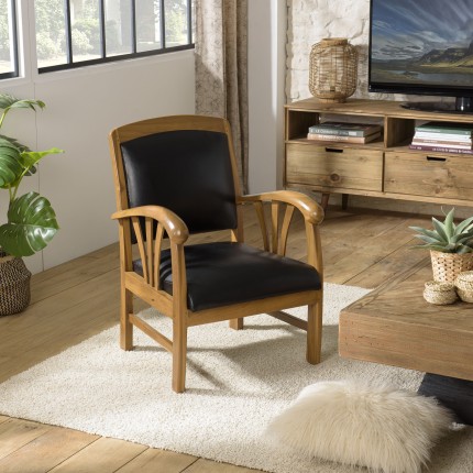 Teak and Black Leather Armchair DAK