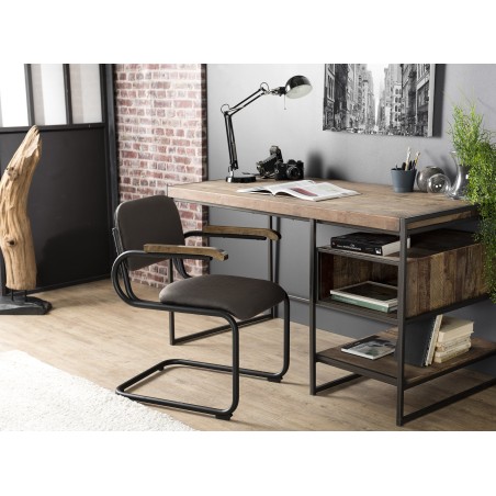 SIXTINE Brown Desk with 1 Compartment and 1 Shelf - Recycled Teak, Acacia Mahogany, Black Metal