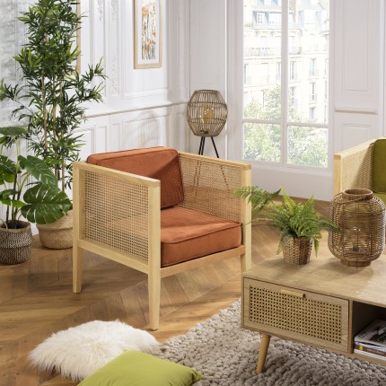 Fauteuil AGATHE - Rotin et velours orange
