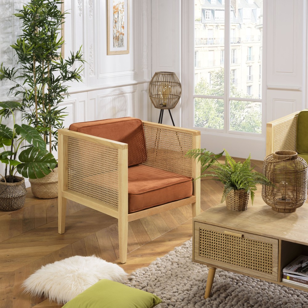 AGATHE Cane Armchair with Removable Orange Velvet Seat AGATHE Cane Armchair with Removable Orange Velvet Seat
