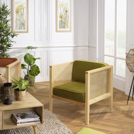 Fauteuil AGATHE en rotin et velours vert