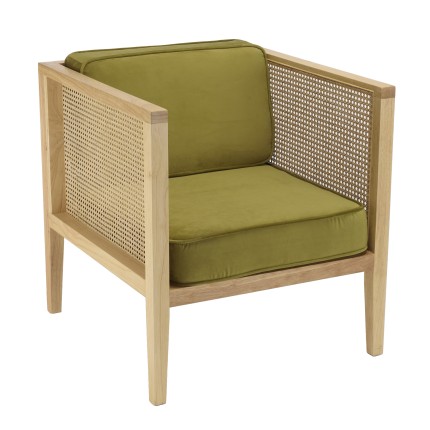 AGATHE Cane Armchair with Removable Green Velvet Seat