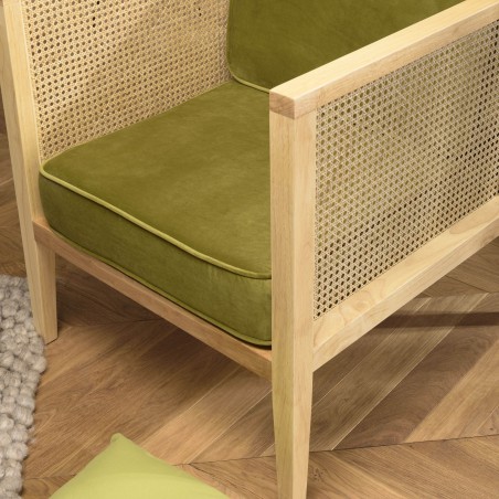 AGATHE Cane Armchair with Removable Green Velvet Seat