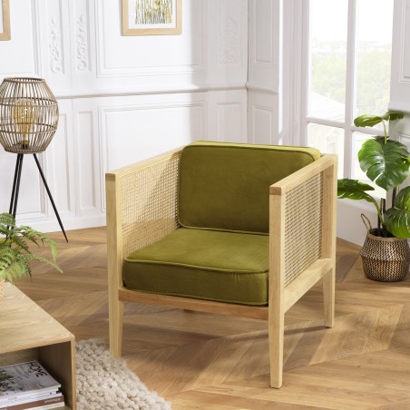 Fauteuil AGATHE en rotin et velours vert
