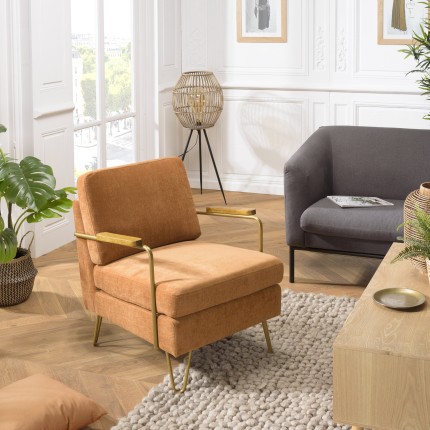 Fauteuil lounge AGATHE - Tissu orange métal doré