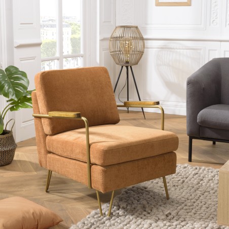 AGATHE Orange Fabric Lounge Chair with Gold Metal and Wooden Armrests