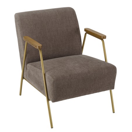 AGATHE Taupe Fabric Lounge Chair with Gold Metal and Wooden Armrests