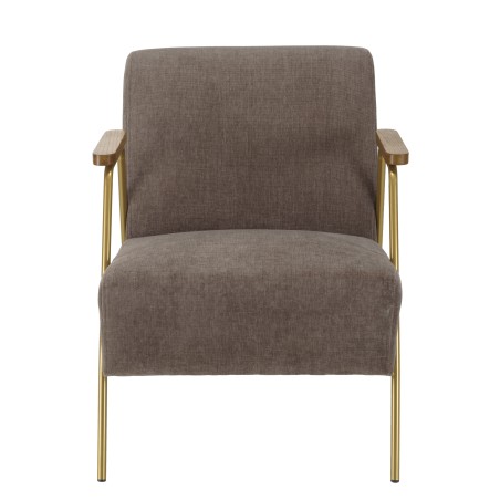 AGATHE Taupe Fabric Lounge Chair with Gold Metal and Wooden Armrests