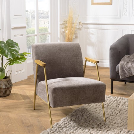 AGATHE Taupe Fabric Lounge Chair with Gold Metal and Wooden Armrests