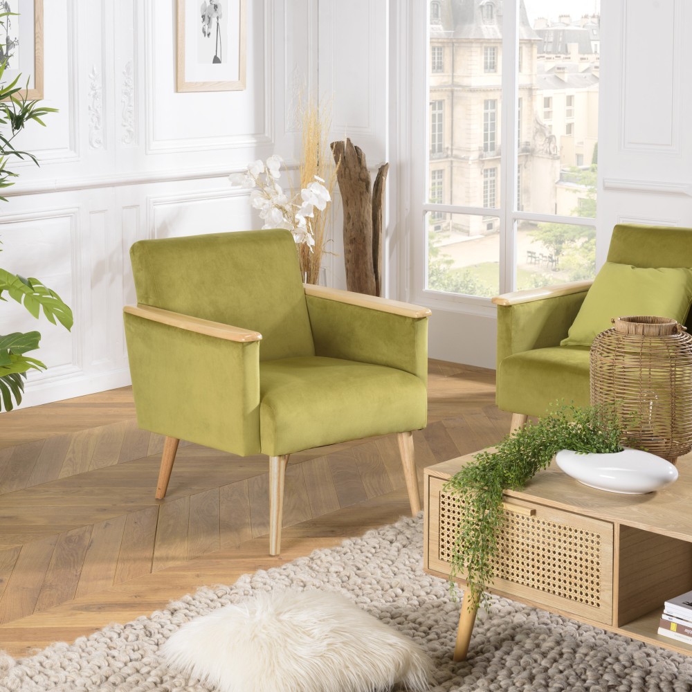 AGATHE Light Green Velvet Armchair - Wooden Legs & Armrests AGATHE Light Green Velvet Armchair - Wooden Legs & Armrests