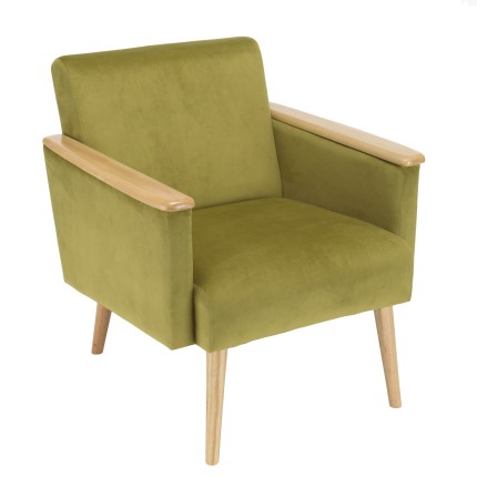 AGATHE Light Green Velvet Armchair - Wooden Legs & Armrests