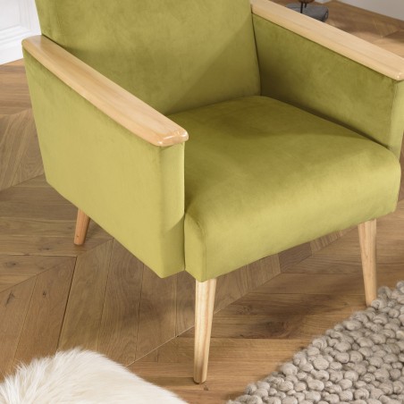 Fauteuil AGATHE - Velours vert clair et bois