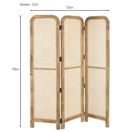 ISA Brown Mango Wood Screen with Natural-Colored Cane - 3-Panel Room Divider