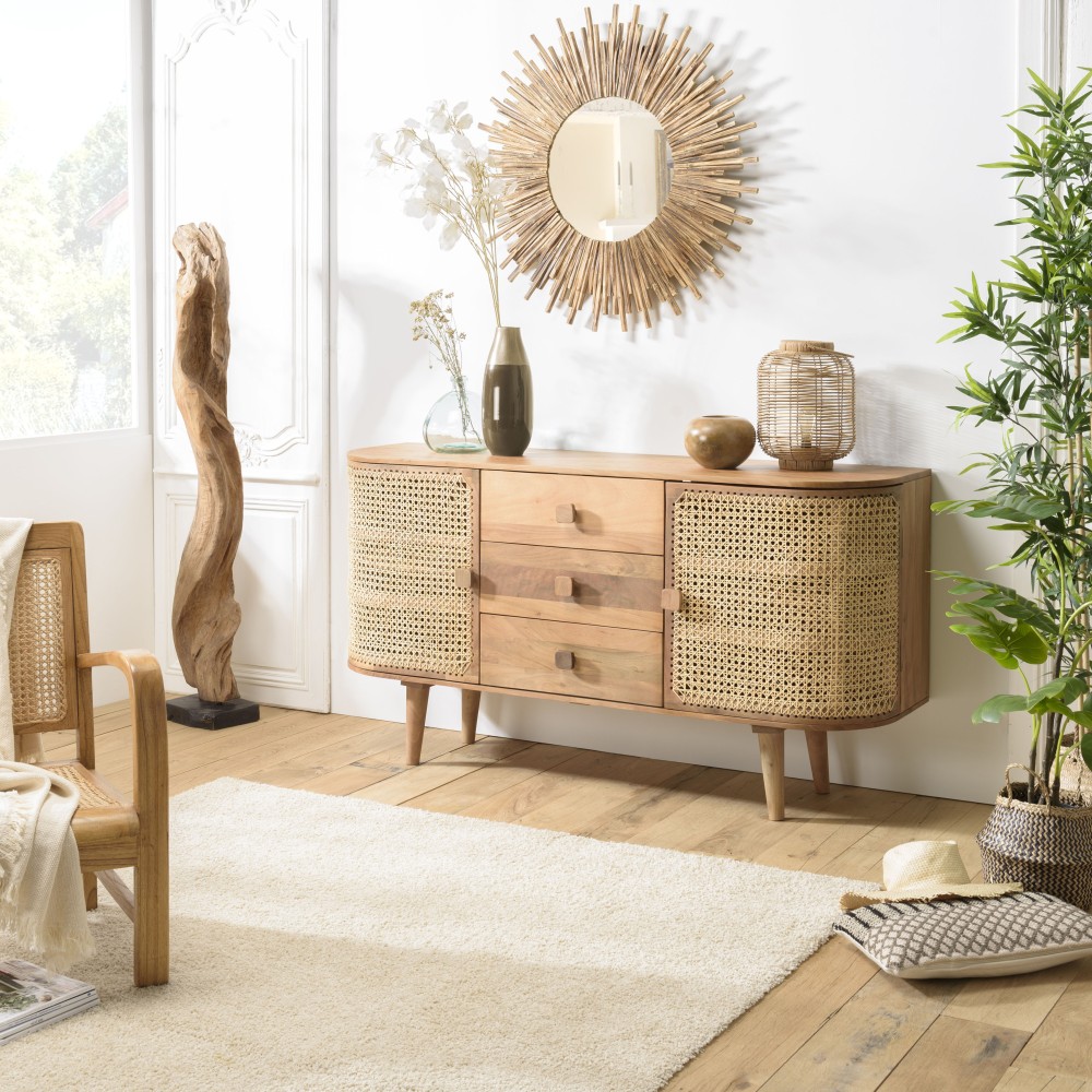 ISA - Brown Buffet 2 Doors 3 Drawers Jamelonier Wood and Cane