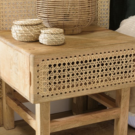 Table de chevet ISA - Bois de manguier et cannage