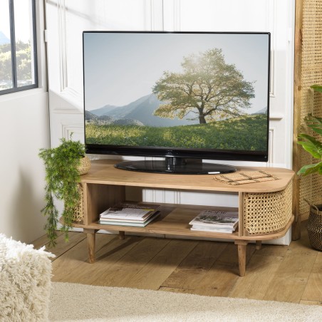 Meuble TV ISA en bois de jamelonier et cannage