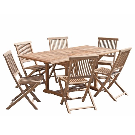Salon de jardin en bois teck 4/6 pers - Table rectangulaire et 6 chaises